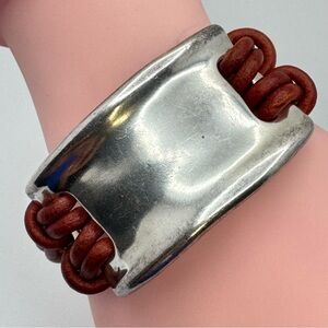 Silver Tone Leather Bracelet Sterling Silver Plated Magnetic Clasp 6.5”
